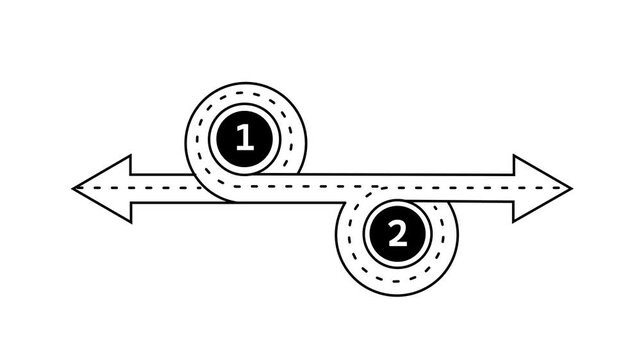Animated two-step process infographic with circular path and directional arrows on white background. Animation of 4k video.