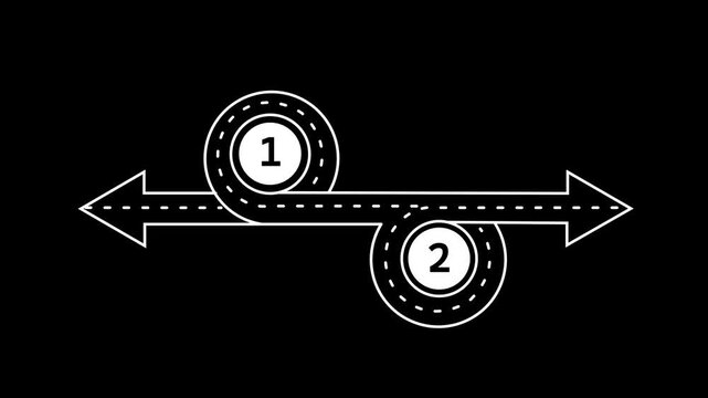 Animated two-step process infographic with circular path and directional arrows on black background. Animation of 4k video.