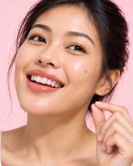 Obraz premium Smiling Woman Wearing Clear Pimple Patches on Both Cheeks