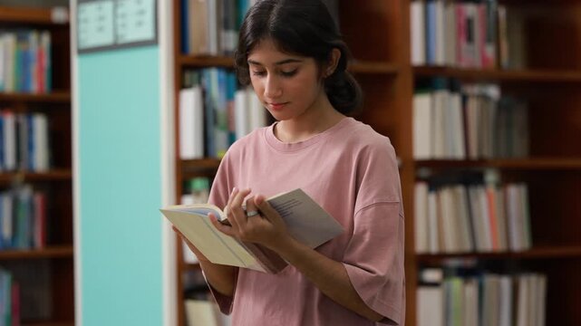Young Indian teenage girl smiles and selects blue book. Her fingers gently touch the cover's edge. Behind her, wooden shelves hold many books. Education, Back to school