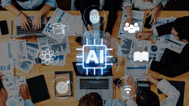 People Collaborating on Artificial Intelligence Projects with Charts and Graphs on Table, Technology Icons and Devices Displayed. Entropy.