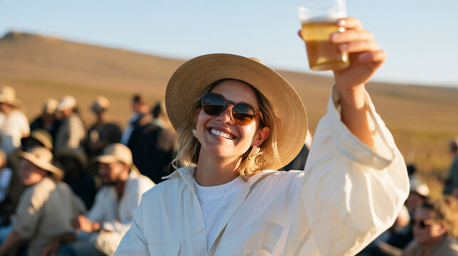 A South African winemaker's daughter holding a pint of local craft ale aloft on the vineyard estate lawn at an end-of-harvest celebration, farm workers gathered in the background,