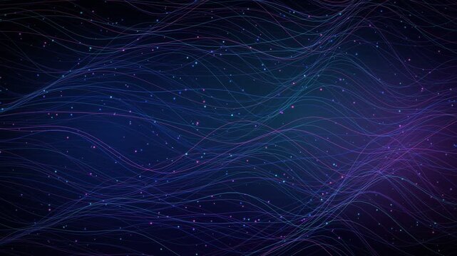 Flowing Neon Fiber Particle Stream with Blue Purple Cyan Futuristic Abstract Background