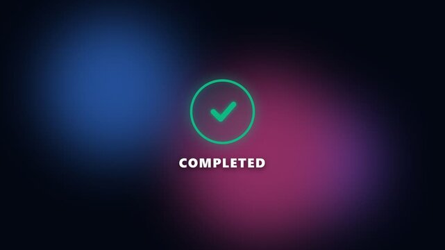 Digital loading bar animation from 0 to 100 percent turning into completed status with checkmark