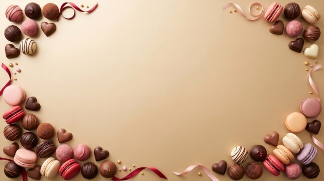 Assorted macarons and chocolates arranged as a border on a beige background with copy space