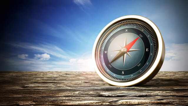 Vintage compass standing on old wood. 3D illustration