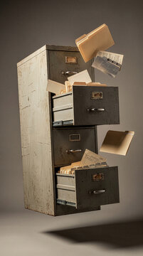 Weathered filing cabinet with drawers open and folders floating out