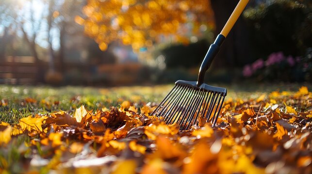 Autumn leaves gathering with a rake in a vibrant garden, representing seasonal yard work and cozy harvest time