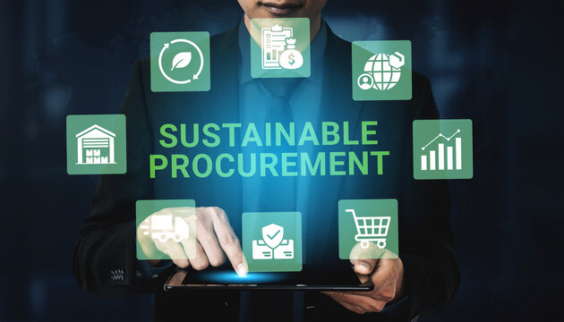 A businessman uses a tablet to explore sustainable procurement strategies. Icons represent eco-friendly practices, emphasizing innovation and efficiency in modern supply chain management. Ledger