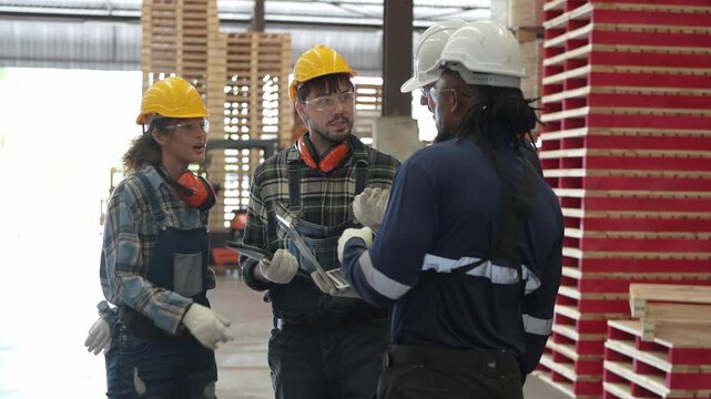 Workers discuss safety measures in a warehouse setting during the day