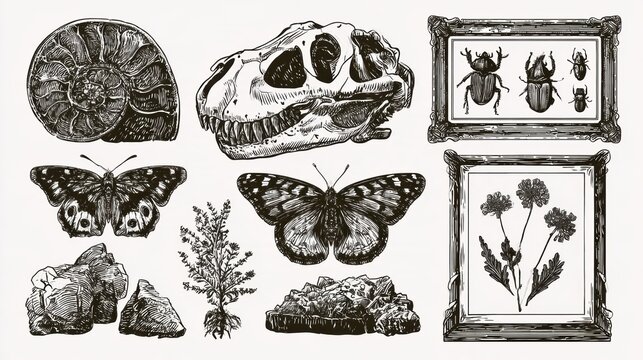 A collection of fossils, a dinosaur skull, mounted butterflies, beetles, and dried flowers from a natural history museum.
