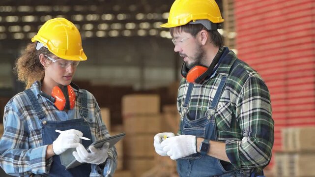Workers discuss plans in a warehouse during a shift in the afternoon