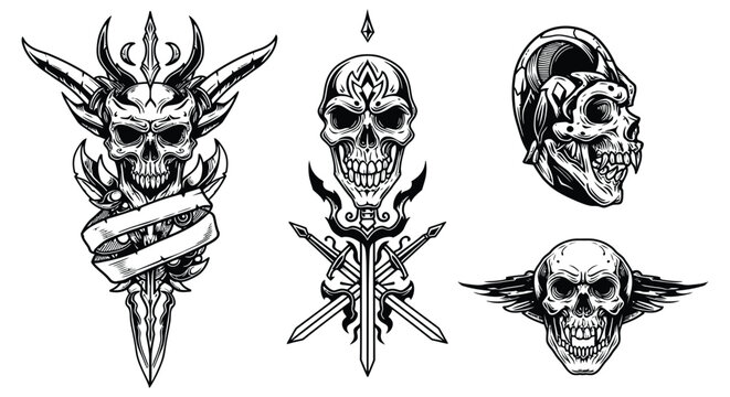 Set of black and white vector illustrations featuring ornate human and demonic skulls with swords and banners