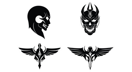 Obraz premium Set of black tribal tattoo vectors featuring fantasy skulls and winged emblem designs