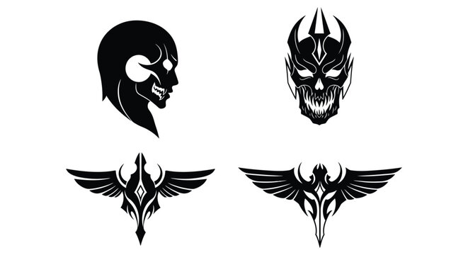 Set of black tribal tattoo vectors featuring fantasy skulls and winged emblem designs