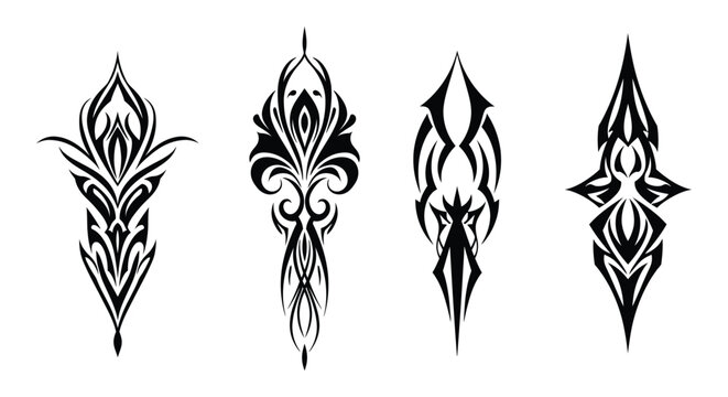 Set of black tribal tattoo art designs with abstract sharp ornamental vector graphics