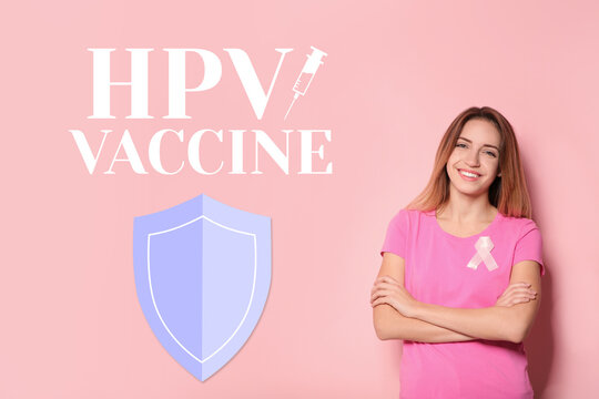 Happy woman with awareness ribbon on her chest against pink background with shield. HPV vaccination poster