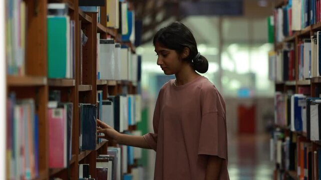 Young Indian teenage girl smiles and selects blue book. Her fingers gently touch the cover's edge. Behind her, wooden shelves hold many books. Education, Back to school