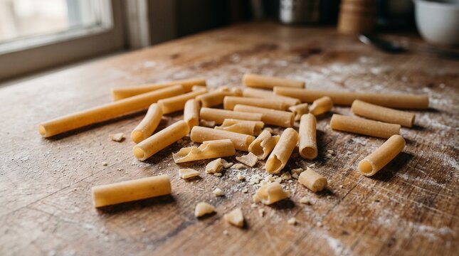 Broken dried ziti pasta on a floured wooden table
