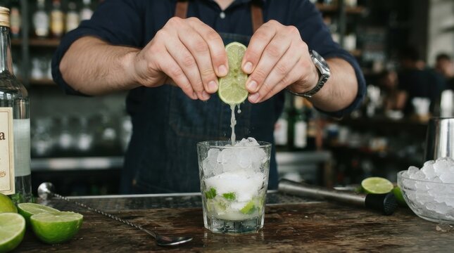 Bartender squeezing fresh lime juice into a cocktail glass filled with ice