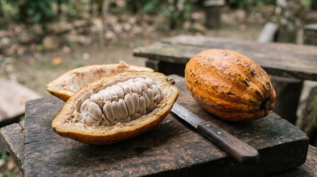 Ripe cocoa pods cut open showing the beans