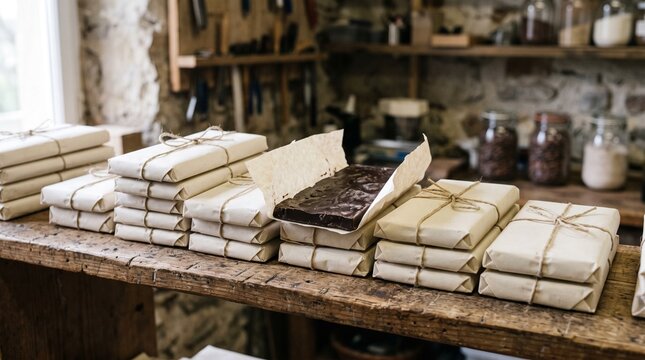 Chocolate bars wrapped in plain paper and tied with string