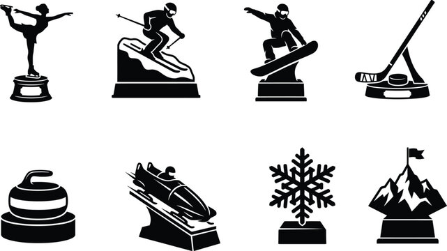 Winter Sports Trophy Icons Set with Figure Skating Skiing Snowboarding Hockey Curling and Bobsled Award Silhouettes Vector Illustration