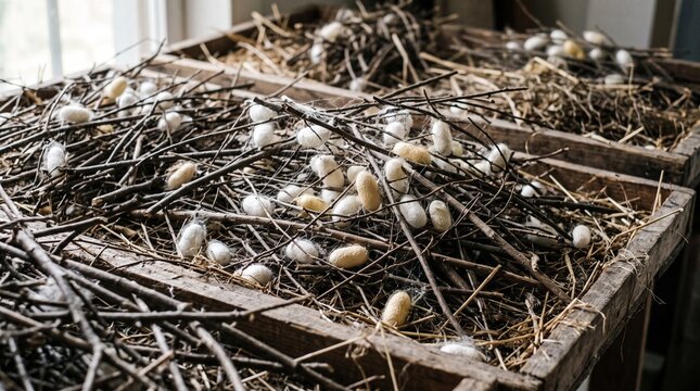 Silk cocoons spun among dry twigs on rearing trays