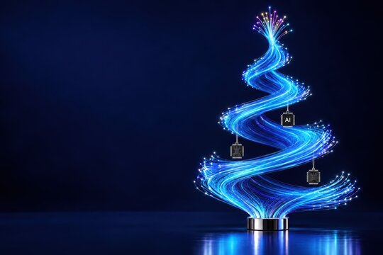 Spiraling Blue Fiber Optic Christmas Tree with Multicolored Light Tips and AI Chip Ornaments on a Dark Corporate Background