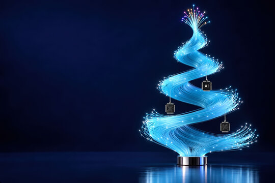 Luminous Cyan Fiber Optic Christmas Tree with AI Microchip Ornaments and Multicolored Tips on a Navy Background with Copy Space