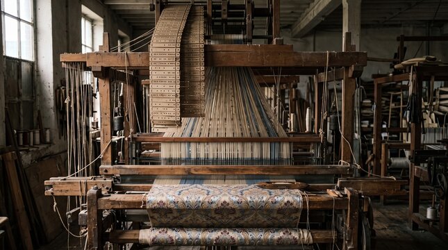 Old jacquard loom with punched cards weaving silk damask