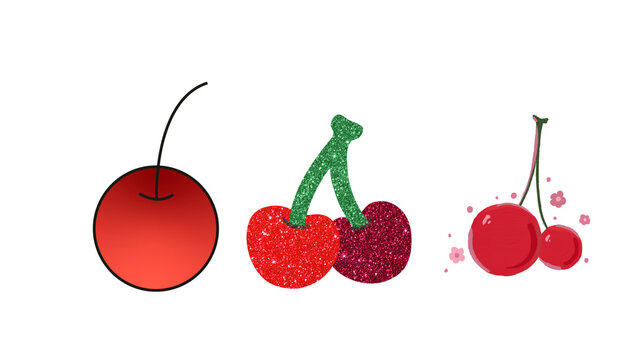 Set of three stylized red cherry fruits with stems and sparkles cherry fruit illustration sweet food illustration glitter cute cherries