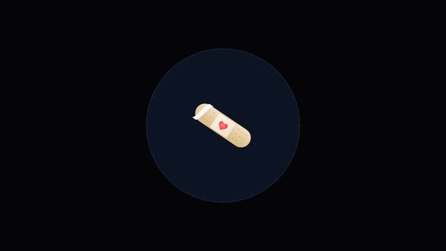 Adhesive bandage with a red heart symbol on a dark circular background