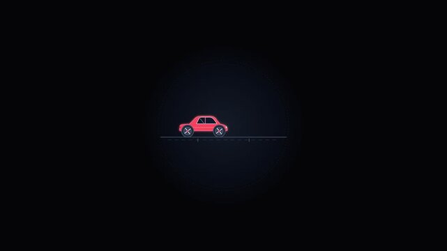 Minimalist vector illustration of a red car driving on a dark background