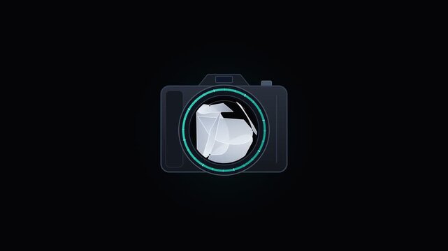 Minimalist digital camera icon with glowing lens on dark background