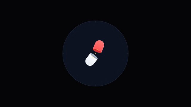 Minimalist digital icon of an open medical capsule floating on dark background