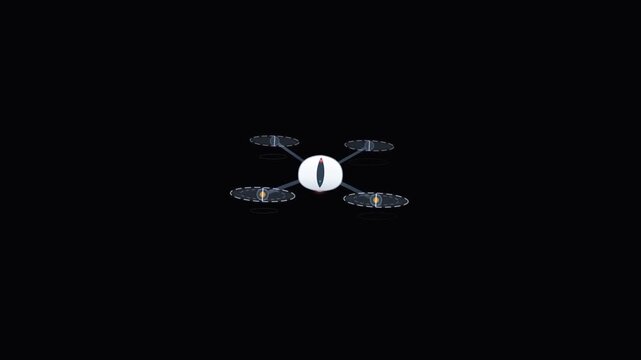 Futuristic surveillance drone with a glowing eye hovering in the dark night