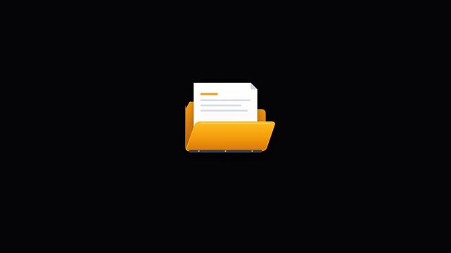 Minimalist icon of an open yellow folder with a document inside isolated on black background