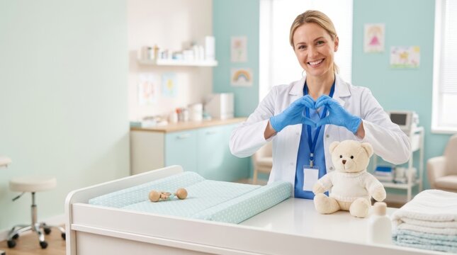 Pediatrician's gloved hands form heart shape next to teddy bear on changing table in bright, modern clinic