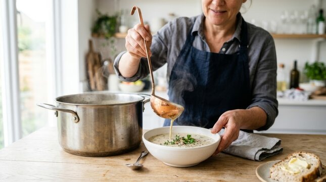 Woman ladles steaming cream soup into a bowl in a bright, modern kitchen, lifestyle food photography
