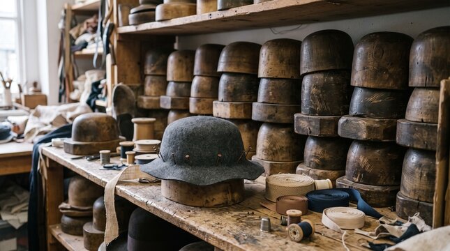 Carved wooden hat blocks on a milliner shelf