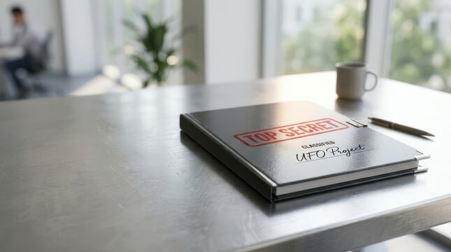 Top Secret UFO Project Folder on Desk, Classified Information Concept, Office Setting