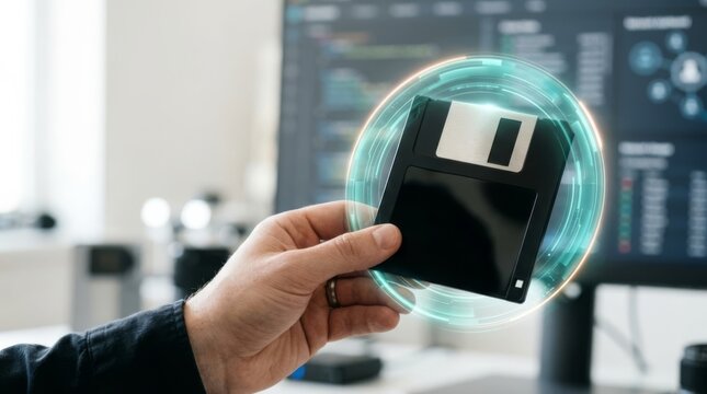 Hand holding floppy disk with futuristic glowing ring, symbolizing data protection in a modern office