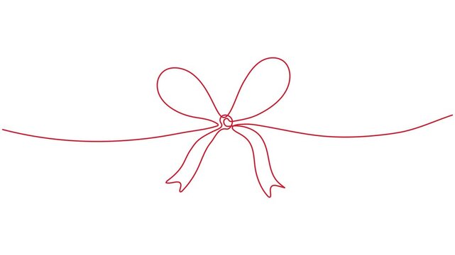 Continuous red line drawing of a ribbon bow on white background, minimalist gift ribbon animation element loop