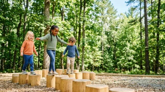 Children balancing on wooden stumps in a sunlit forest playground, promoting outdoor learning and active childhood development
