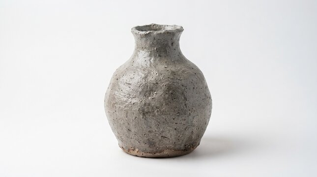 A handmade grey ceramic vase stands on a white background