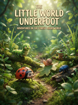 Forest insect and wildlife illustration showing cute tiny creatures in lush greenery for children nature discovery story books.