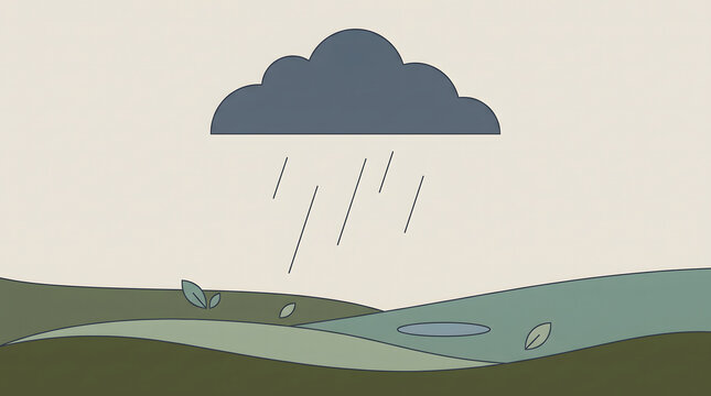 Stylized illustration of a dark rain cloud over a landscape with falling raindrops