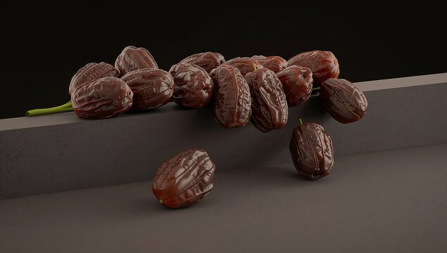 A cluster of dark brown dried dates arranged on a flat ledge with one single date resting below, set against a solid dark brown background
