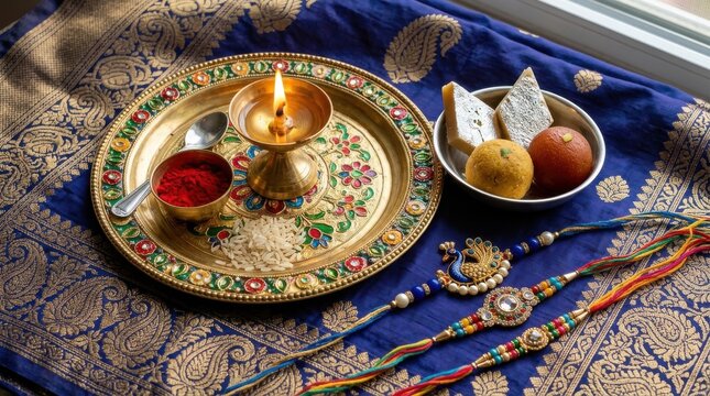 Raksha Bandhan festival celebration with puja thali, sweets and rakhi threads